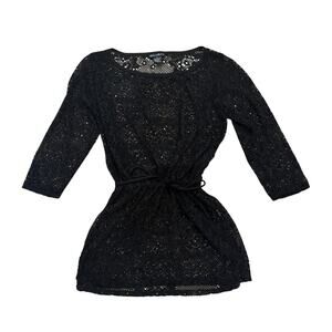 Black Lace Bikini Cover Up Sheer Tie Waist Swim Top Medium Whimsigoth Vacation